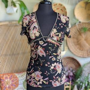Y2K Vintage I.N. San Francisco Large Stretchy Tee Floral Retro Bohemian Vibes